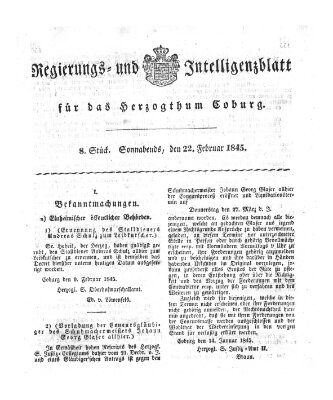 Regierungs- und Intelligenzblatt für das Herzogtum Coburg (Coburger Regierungs-Blatt) Samstag 22. Februar 1845