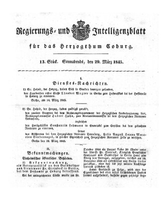 Regierungs- und Intelligenzblatt für das Herzogtum Coburg (Coburger Regierungs-Blatt) Samstag 29. März 1845