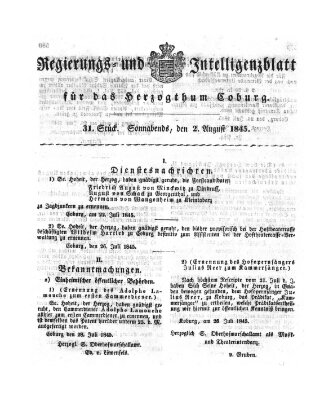 Regierungs- und Intelligenzblatt für das Herzogtum Coburg (Coburger Regierungs-Blatt) Samstag 2. August 1845