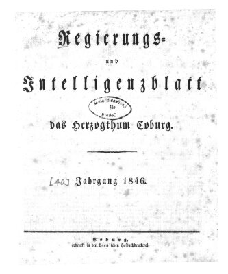 Regierungs- und Intelligenzblatt für das Herzogtum Coburg (Coburger Regierungs-Blatt) Samstag 3. Januar 1846