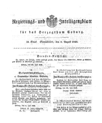 Regierungs- und Intelligenzblatt für das Herzogtum Coburg (Coburger Regierungs-Blatt) Samstag 1. August 1846