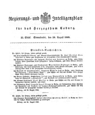 Regierungs- und Intelligenzblatt für das Herzogtum Coburg (Coburger Regierungs-Blatt) Samstag 29. August 1846