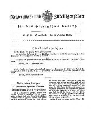 Regierungs- und Intelligenzblatt für das Herzogtum Coburg (Coburger Regierungs-Blatt) Samstag 3. Oktober 1846