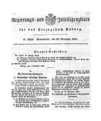 Regierungs- und Intelligenzblatt für das Herzogtum Coburg (Coburger Regierungs-Blatt) Samstag 20. November 1847