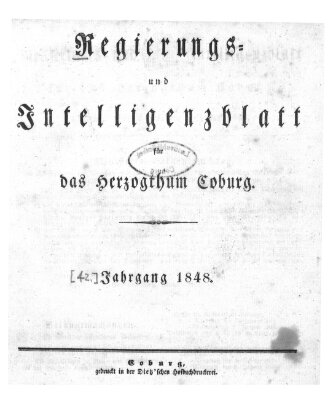Regierungs- und Intelligenzblatt für das Herzogtum Coburg (Coburger Regierungs-Blatt) Samstag 1. Januar 1848