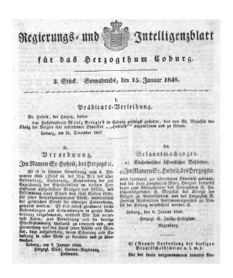 Regierungs- und Intelligenzblatt für das Herzogtum Coburg (Coburger Regierungs-Blatt) Samstag 15. Januar 1848