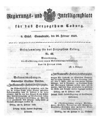 Regierungs- und Intelligenzblatt für das Herzogtum Coburg (Coburger Regierungs-Blatt) Samstag 26. Februar 1848