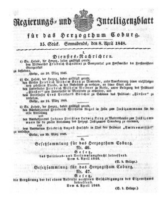 Regierungs- und Intelligenzblatt für das Herzogtum Coburg (Coburger Regierungs-Blatt) Samstag 8. April 1848