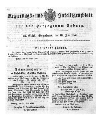 Regierungs- und Intelligenzblatt für das Herzogtum Coburg (Coburger Regierungs-Blatt) Samstag 10. Juni 1848