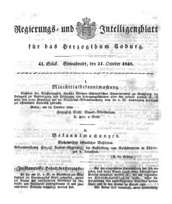 Regierungs- und Intelligenzblatt für das Herzogtum Coburg (Coburger Regierungs-Blatt) Samstag 21. Oktober 1848