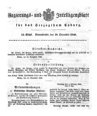 Regierungs- und Intelligenzblatt für das Herzogtum Coburg (Coburger Regierungs-Blatt) Samstag 30. Dezember 1848