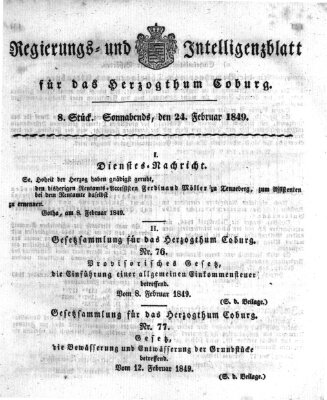 Regierungs- und Intelligenzblatt für das Herzogtum Coburg (Coburger Regierungs-Blatt) Samstag 24. Februar 1849