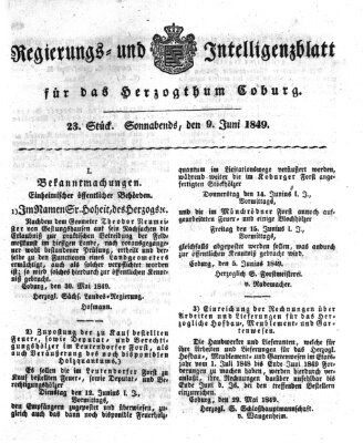 Regierungs- und Intelligenzblatt für das Herzogtum Coburg (Coburger Regierungs-Blatt) Samstag 9. Juni 1849