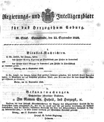 Regierungs- und Intelligenzblatt für das Herzogtum Coburg (Coburger Regierungs-Blatt) Samstag 22. September 1849