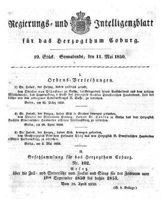 Regierungs- und Intelligenzblatt für das Herzogtum Coburg (Coburger Regierungs-Blatt) Samstag 11. Mai 1850