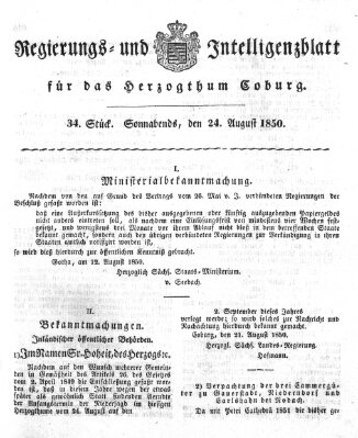 Regierungs- und Intelligenzblatt für das Herzogtum Coburg (Coburger Regierungs-Blatt) Samstag 24. August 1850