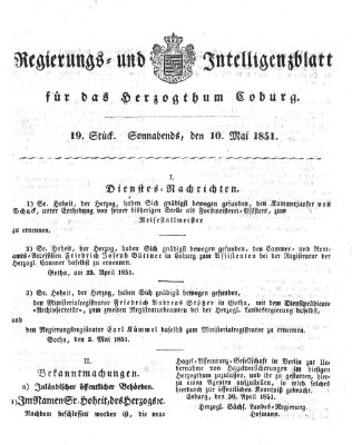 Regierungs- und Intelligenzblatt für das Herzogtum Coburg (Coburger Regierungs-Blatt) Samstag 10. Mai 1851
