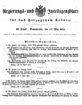 Regierungs- und Intelligenzblatt für das Herzogtum Coburg (Coburger Regierungs-Blatt) Samstag 17. Mai 1851