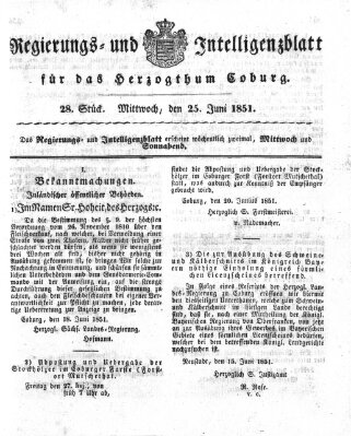 Regierungs- und Intelligenzblatt für das Herzogtum Coburg (Coburger Regierungs-Blatt) Mittwoch 25. Juni 1851