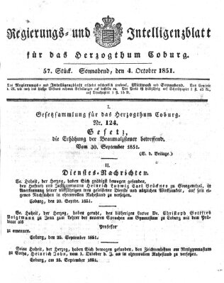 Regierungs- und Intelligenzblatt für das Herzogtum Coburg (Coburger Regierungs-Blatt) Samstag 4. Oktober 1851