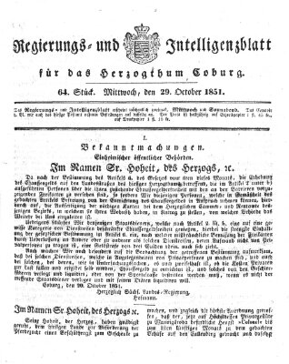 Regierungs- und Intelligenzblatt für das Herzogtum Coburg (Coburger Regierungs-Blatt) Mittwoch 29. Oktober 1851