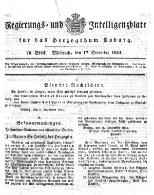 Regierungs- und Intelligenzblatt für das Herzogtum Coburg (Coburger Regierungs-Blatt) Mittwoch 17. Dezember 1851