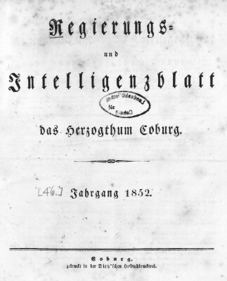 Regierungs- und Intelligenzblatt für das Herzogtum Coburg (Coburger Regierungs-Blatt) Samstag 3. Januar 1852
