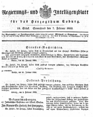Regierungs- und Intelligenzblatt für das Herzogtum Coburg (Coburger Regierungs-Blatt) Samstag 7. Februar 1852