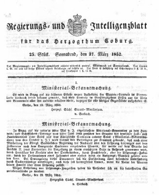 Regierungs- und Intelligenzblatt für das Herzogtum Coburg (Coburger Regierungs-Blatt) Samstag 27. März 1852