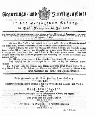 Regierungs- und Intelligenzblatt für das Herzogtum Coburg (Coburger Regierungs-Blatt) Montag 14. Juni 1852