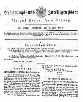 Regierungs- und Intelligenzblatt für das Herzogtum Coburg (Coburger Regierungs-Blatt) Dienstag 6. Juli 1852