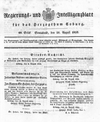 Regierungs- und Intelligenzblatt für das Herzogtum Coburg (Coburger Regierungs-Blatt) Samstag 21. August 1852