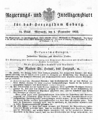 Regierungs- und Intelligenzblatt für das Herzogtum Coburg (Coburger Regierungs-Blatt) Mittwoch 1. September 1852