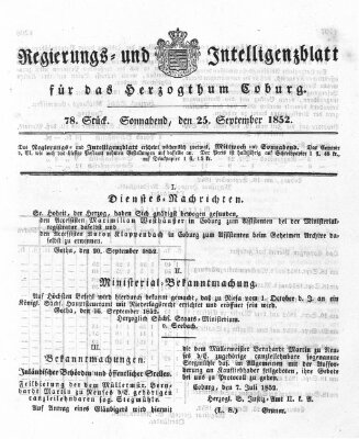 Regierungs- und Intelligenzblatt für das Herzogtum Coburg (Coburger Regierungs-Blatt) Samstag 25. September 1852