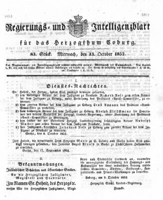 Regierungs- und Intelligenzblatt für das Herzogtum Coburg (Coburger Regierungs-Blatt) Mittwoch 13. Oktober 1852