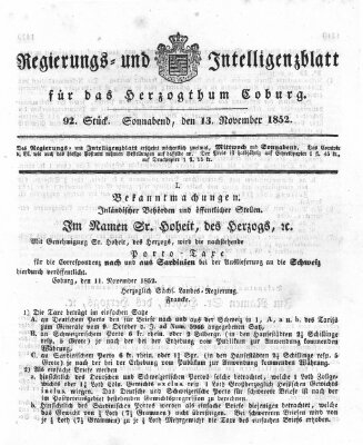Regierungs- und Intelligenzblatt für das Herzogtum Coburg (Coburger Regierungs-Blatt) Samstag 13. November 1852