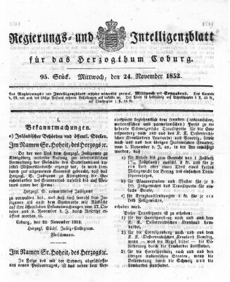 Regierungs- und Intelligenzblatt für das Herzogtum Coburg (Coburger Regierungs-Blatt) Mittwoch 24. November 1852