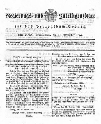 Regierungs- und Intelligenzblatt für das Herzogtum Coburg (Coburger Regierungs-Blatt) Samstag 18. Dezember 1852