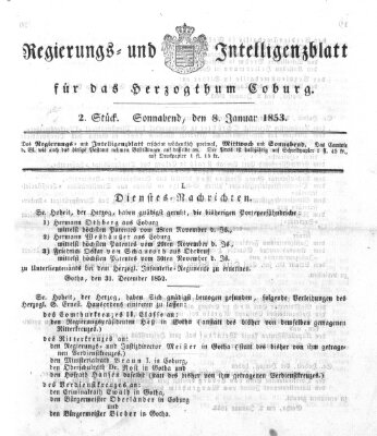 Regierungs- und Intelligenzblatt für das Herzogtum Coburg (Coburger Regierungs-Blatt) Samstag 8. Januar 1853