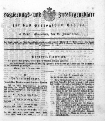Regierungs- und Intelligenzblatt für das Herzogtum Coburg (Coburger Regierungs-Blatt) Samstag 15. Januar 1853