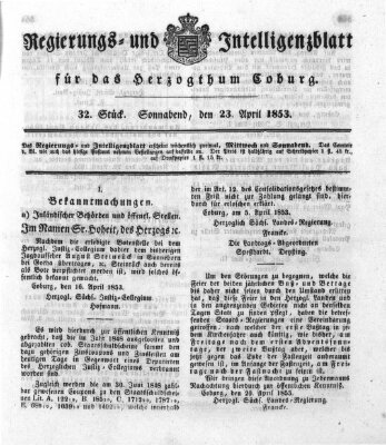 Regierungs- und Intelligenzblatt für das Herzogtum Coburg (Coburger Regierungs-Blatt) Samstag 23. April 1853