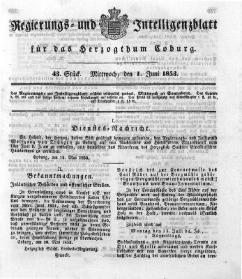 Regierungs- und Intelligenzblatt für das Herzogtum Coburg (Coburger Regierungs-Blatt) Mittwoch 1. Juni 1853