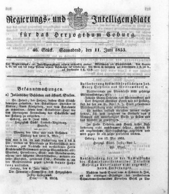 Regierungs- und Intelligenzblatt für das Herzogtum Coburg (Coburger Regierungs-Blatt) Samstag 11. Juni 1853