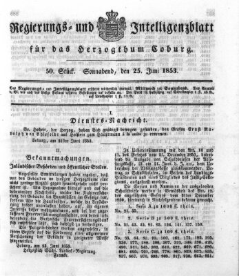 Regierungs- und Intelligenzblatt für das Herzogtum Coburg (Coburger Regierungs-Blatt) Samstag 25. Juni 1853