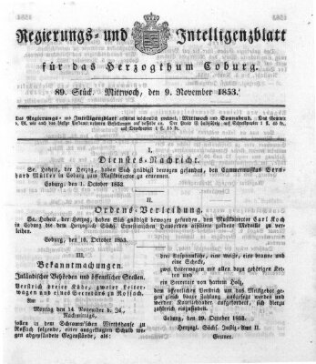 Regierungs- und Intelligenzblatt für das Herzogtum Coburg (Coburger Regierungs-Blatt) Mittwoch 9. November 1853