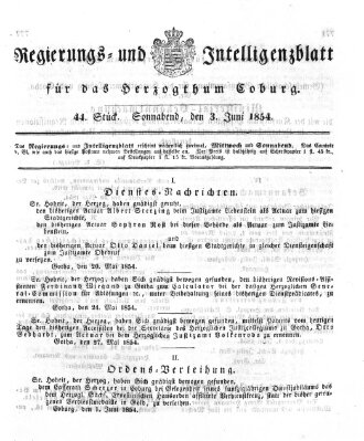 Regierungs- und Intelligenzblatt für das Herzogtum Coburg (Coburger Regierungs-Blatt) Samstag 3. Juni 1854