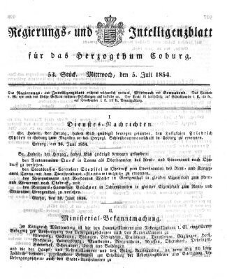 Regierungs- und Intelligenzblatt für das Herzogtum Coburg (Coburger Regierungs-Blatt) Mittwoch 5. Juli 1854