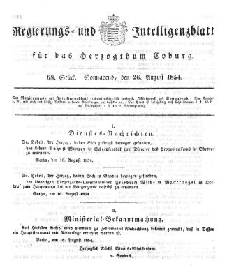 Regierungs- und Intelligenzblatt für das Herzogtum Coburg (Coburger Regierungs-Blatt) Samstag 26. August 1854