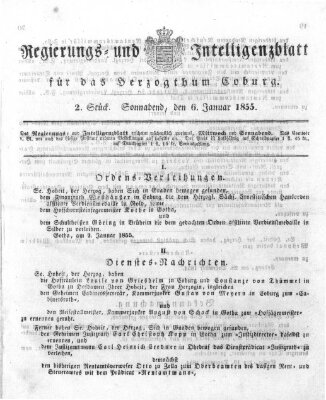 Regierungs- und Intelligenzblatt für das Herzogtum Coburg (Coburger Regierungs-Blatt) Samstag 6. Januar 1855