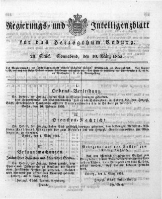 Regierungs- und Intelligenzblatt für das Herzogtum Coburg (Coburger Regierungs-Blatt) Samstag 10. März 1855